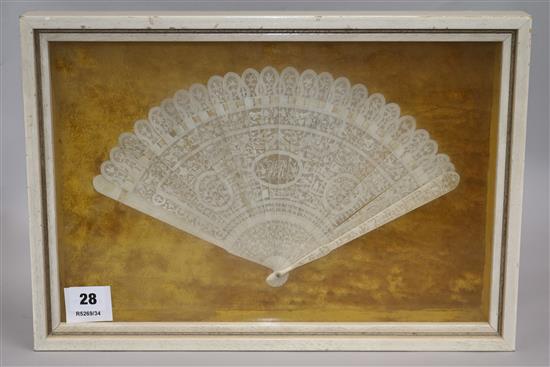 An early 19th century chinese ivory, brise fan 18cm in display case